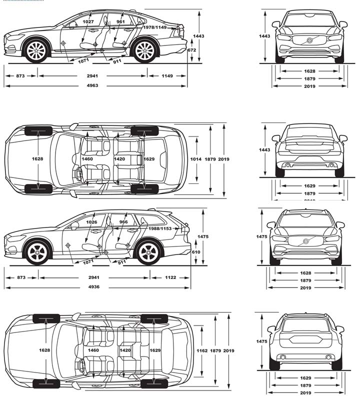 dimensions Volvo S90 et V90 2016